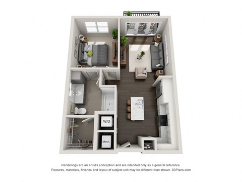a 3d floor plan of a 1 bedroom apartment